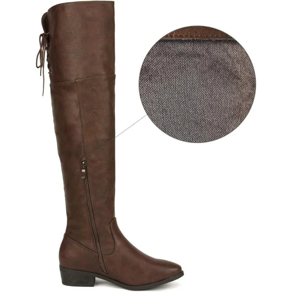Women's Brown Textile Over The Knee High Low Block Heel Pointed Toe Riding Boots